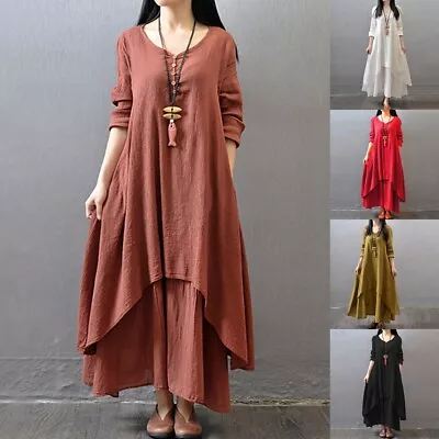 Stylish Women's Cotton Linen Maxi Dress V Neck Long Sleeve Solid Color • $39.27