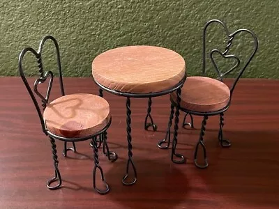 Dollhouse Miniature Wood & Wrought Iron Round Table & Chairs - Heart Designed • $8.95