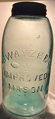 SWAYZEE'S FLUER-DE-LIS EMBLEM IMPROVED MASON Aqua 1/2 Gal. Fruit Jar W/Zinc Lid • $24.99