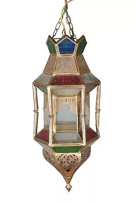 Vintage Moroccan Moorish Pierced Brass Stained Glass Swag Lamp Lantern Light 17  • $175