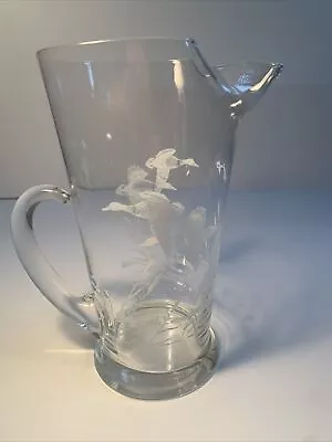 Vintage Glass Martini Cocktail Pitcher White Etched Ducks Hunting MCM Handle • $25