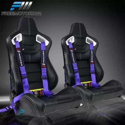 Adjust Universal Racing Seat White Bezel PU Carbon & Dual Slider Seat Belt X2 • $391.99