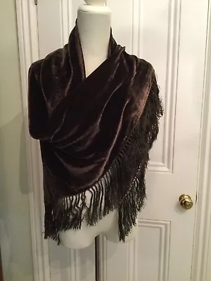 Vtg. Liz Claiborne Chocolate Brown Silk Blend Fringed Shawl Wrap Triangle Scarf • £12