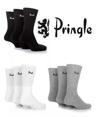 Mens Sports Socks Cotton Cushion Crew Length In Black/White/Grey 3 Pairs Pringle • £10.99