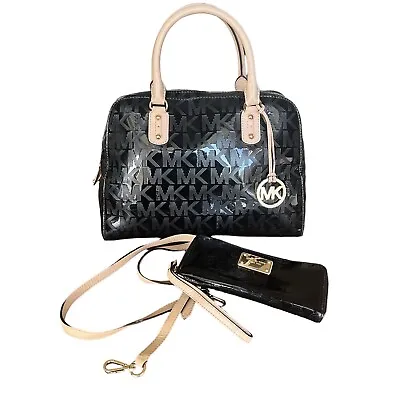 Michael Kors Signature Patent Leather Mirror Black Satchel Bag Crossbody Wallet • $58.48