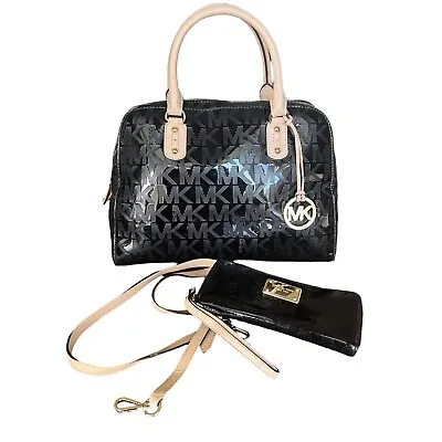 Michael Kors Signature Patent Leather Mirror Black Satchel Bag Crossbody Wallet • £56.39