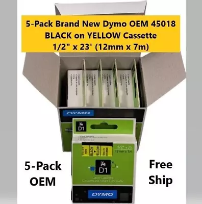 5-Pk OEM Dymo 45018 BLACK On YELLOW Label Cassette  For Dymo Pocket D1 Labeler • $39.99