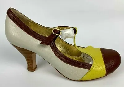 Matiko Leather Shoes 8 Kitten Heel Leather Ivory Yellow Brown Gold Round Toe  • $69.99