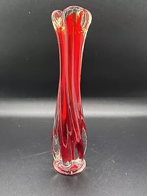 Vintage Red & Clear Swirled Vase 9.5 Inches Tall. Retro Bud Vase • $20