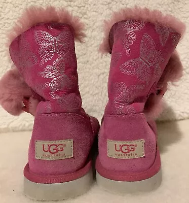 Girls UGG BAILEY Button Butterfly Pink Raspberry Boots Size 4 • $25