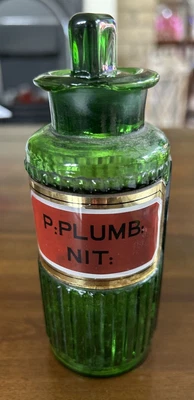 £24 • Buy An Antique Green Ribbed Glass Apothecary Bottle P PLUMB NIT Poison 5.5  A/F