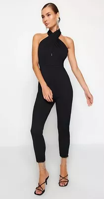 BNWT ZARA Black Halterneck Jumpsuit With Rhinestone Fringing Size M • £29.99