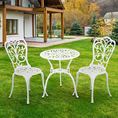 Bistro Set 3 Piece Outdoor Cast Iron Bistro Table And  Chairs Set Of 2 White • $151.99