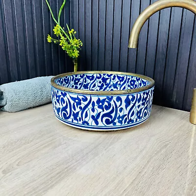 Moroccan Blue Floral Design Bathroom Vessel Sink Handcrafted Artisan Sink • $220