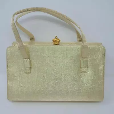 Vtg 50s 60s Mod Glam Gold Metallic Fabric Evening Bag Purse Handbag Crown Clasp • $22.95