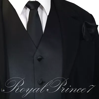 MEN SOLID PROM Tuxedo Suit Dress Vest Waistcoat & Neck Tie HANKIE Wedding 3 IN 1 • $21.85