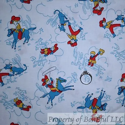 BonEful FABRIC FQ Cotton Quilt VTG White Blue Cloud Red Cowgirl Toile Horse Bull • $5.07