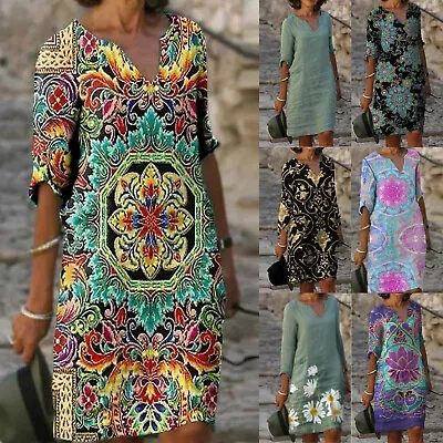 $23.79 • Buy Women Half Sleeve V-Neck Casual Hot Vacation Printed Short Mini Shift Dress
