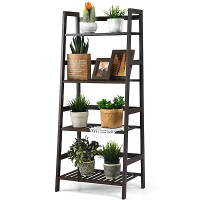 Costway 4-Tier Bamboo Ladder Shelf Plant Display Stand Rack Bookshelf Dark Brown • $54.98