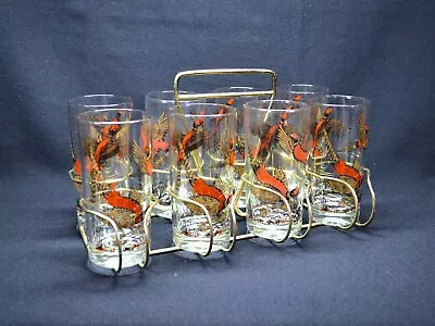 8 Hazel Atlas Pheasant High Ball Tumblers W/ Caddy Gold - Mid Century Modern • $59.99