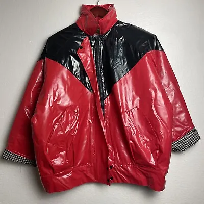 Vintage 90s Rain Jacket Red Vinyl Plaid Winter Missy Elliot • $49.88