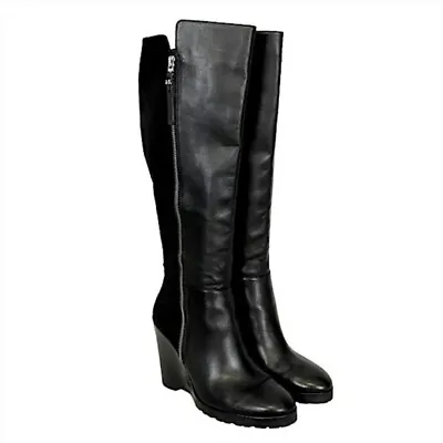 Michael Kors High Wedge Black Leather Suede Zipper Boots Size 9M • $159.99