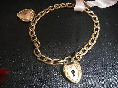 Antique Victorian Style Engraved Ornate Brass Link Bracelet Heart Key Charm • $45