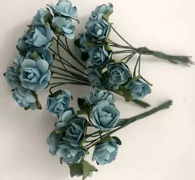 VTG Lot 3 Bunches (36) Blue MULBERRY Wired Paper ROSES Crafts MILLINERY Floral A • $20.95