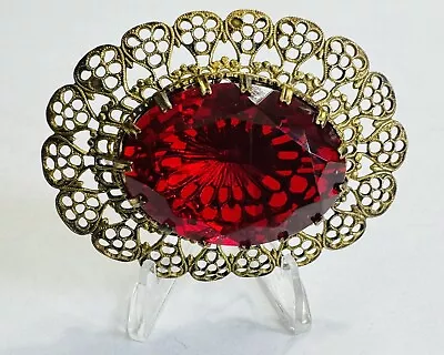 Vintage Big Red Rhinestone Brass Filigree Brooch W Germany ? • $24