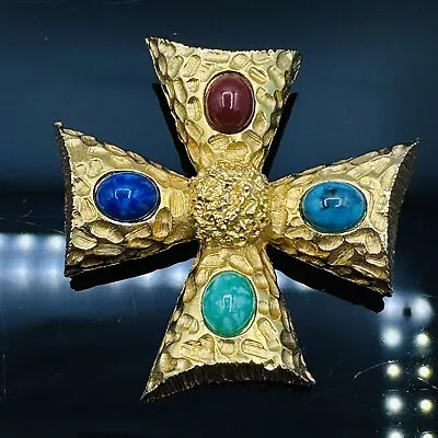 Vintage Maltese Cross Pin/Brooch Enhancer Pendant Gold Tone Jeweled 2.25” MCM • $39.95