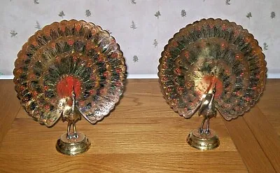 Pair Vintage Indian Brass With Painted Enamel Peacock Figures Removable Fan Tail • $61.65