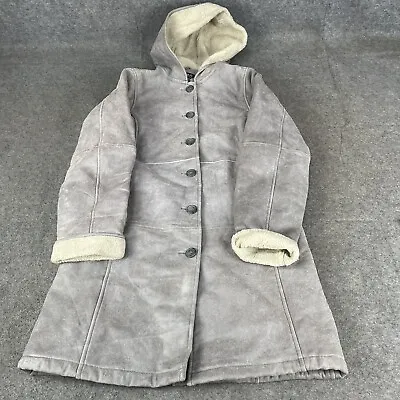 VINTAGE Sheepskin Jacket Womens Medium Grey Coat Hooded Leather Long Y2K Vtg • £27.99