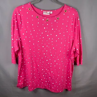 Quacker Factory Top Womens 3X Pink White Polka Dot 3/4 Sleeve Pullover T-Shirt • $24.97