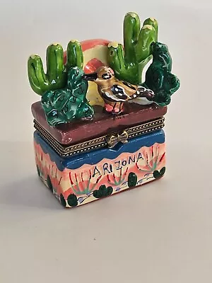 Porcelain Arizona Hinged Trinket Box Roadrunner Cactus Southwest • $10