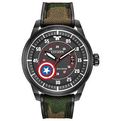 Citizen Eco-Drive Captain America Men's Camouflage Nylon 45mm Watch AW1367-05W • $110.99