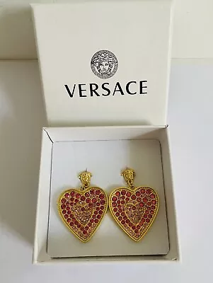 Versace Medusa Head Drop Dangle Heart Shape Earrings Gold Tone Red Crystals • $110