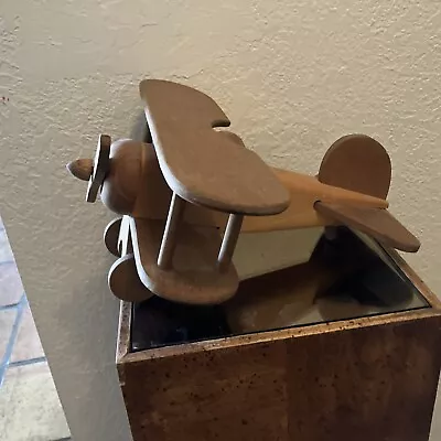 VTG Toy Wooden Airplane 12”Hand Carved Wood Toy Bi-Plane Model Home Decor • $28