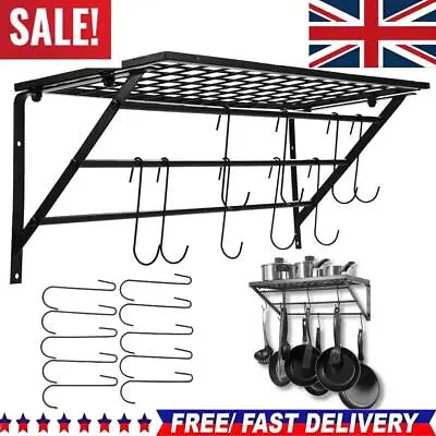 Wall Mounted Kitchen Utensils Pan Pot Hanging Rail Rack 10 Hooks Hanger Shelf UK • £18.89