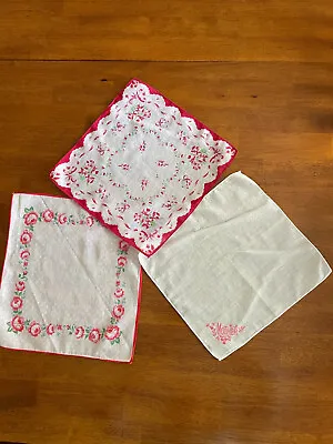 3 Vintage Hankerchief's Hankies Hanky's 1 Mother & 2 Floral Pink White Green Red • $12.50