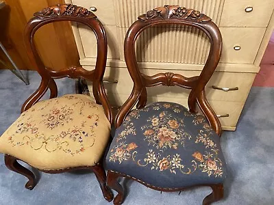 Vintage Victorian Carved Mahogony Needlepoint Seat Chairs And Matching Footstool • $400