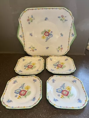 £8.50 • Buy ART DECO SHELLEY WILD FLOWERS SQUARE TAB CAKE PLATE AND 4 X SMALL PLATES