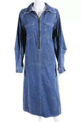 Zara Womens Cotton Denim Collared Long Sleeve Zip Up Maxi Dress Blue Size XXL • $34.99