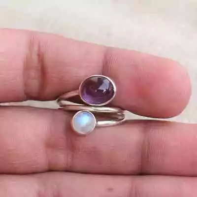 Rainbow Moonstone & Amethyst Multi Gemstones Ring 925 Sterling Silver Jewelry • $9.59