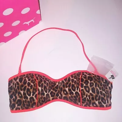 Victoria Secret PINK Swim Bikini Top Small Leopard Orange Brown Bandeau Halter • $29.99