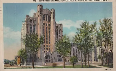 Detroit Michigan New Masonic Temple 2nd Blvd Temple Ave Linen Posted 1935 • $3.33