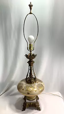 HOLLYWOOD REGENCY Beautiful Table Lamp Ornate Figures Metal Base Flowered Glass • $265