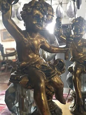$2300 • Buy Table Lamp   Chandelier Style Antique Brass  Crystals Cherub  (UNIQUE) Vintage 