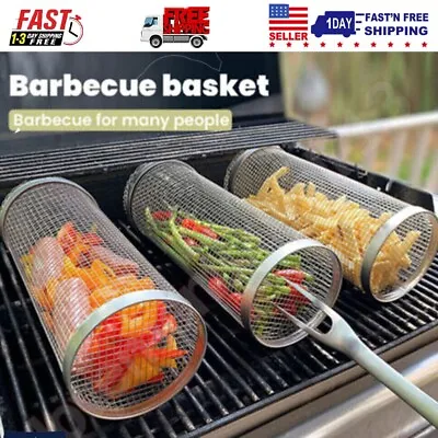 Rolling Grilling Basket BBQ Net Tube Round Stainless Steel Grill Mesh Cylinder • $15.99