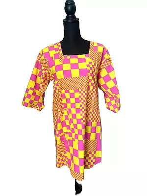 VTG Design House Japan Smock Mod Op Art Retro Apron Cover Checker Pink Yellow • $39.90