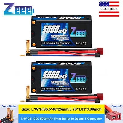 2x Zeee 2S Shorty Lipo Battery 5000mAh 7.4V 120C 5mm Bullet To Deans For RC Car • $49.73